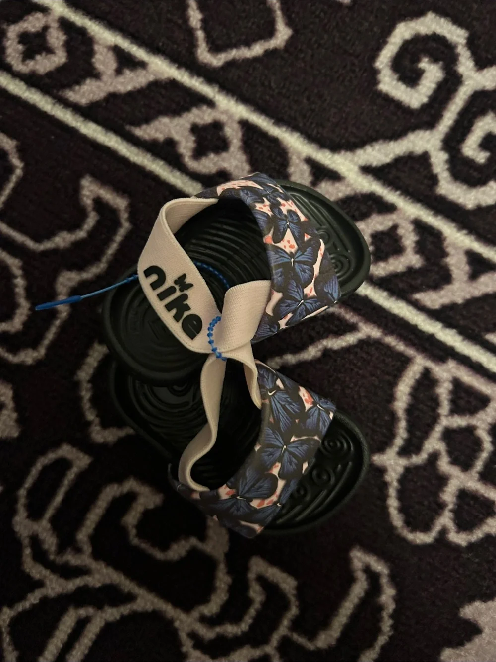 Nike Kids Floral Strap Slide Sandals - Black, Beige & Blue